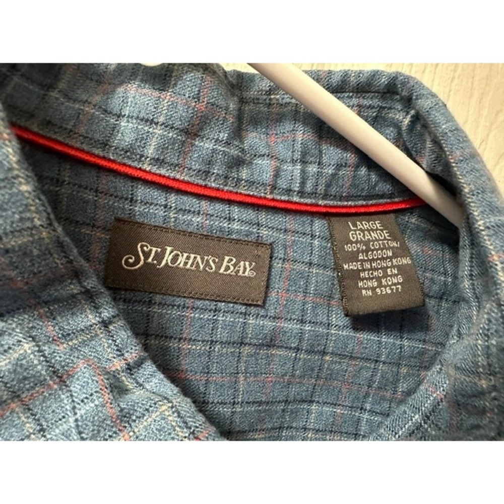 St Johns Bay Mens Large Blue Plaid Long Sleeve Button Down Cotton Shirt - Picture 3 of 7